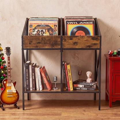 Industrial Magazine Books Record Holder with Metal Frame and Anti-tip Kits Holds up to 250 Albums-Rustic Brown