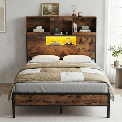 Industrial Metal Platform Bed with LED Lights and Power Outlet-King