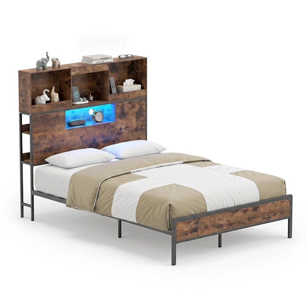 Industrial Metal Platform Bed with LED Lights and Power Outlet-King