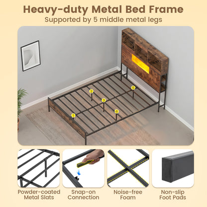 Industrial Metal Platform Bed with LED Lights and Power Outlet-King