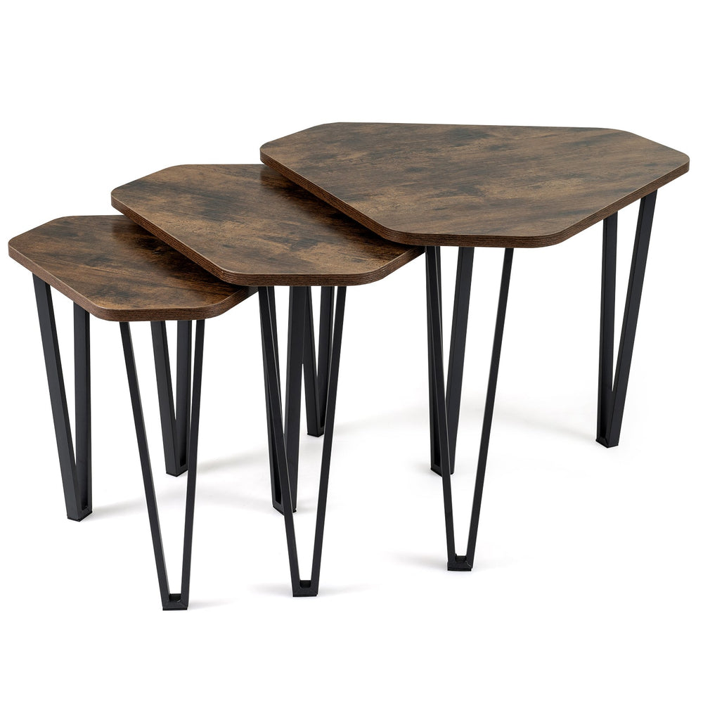 Industrial Nesting Coffee Table Set of 3 with Thick Tabletop and Metal Frame, for Small Spaces-Rustic Brown