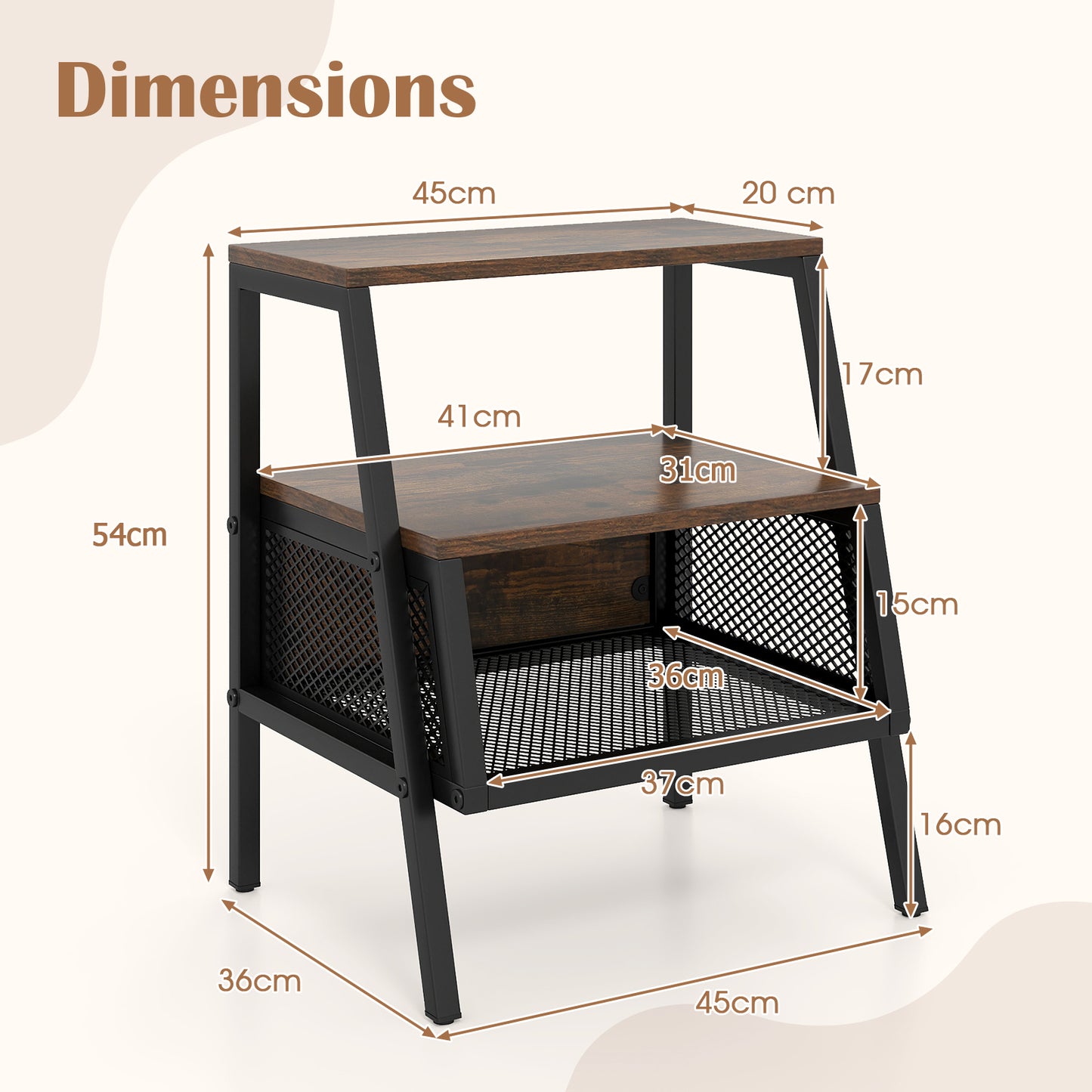 Industrial Nightstand Set of 2 with 2 Open Shelves & Mesh Compartment for Small Spaces-Rustic Brown