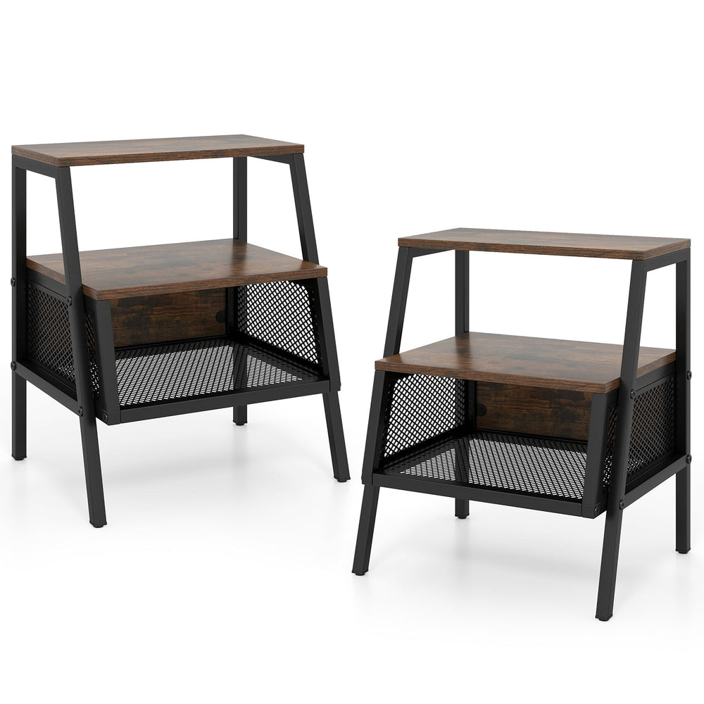 Industrial Nightstand Set of 2 with 2 Open Shelves & Mesh Compartment for Small Spaces-Rustic Brown