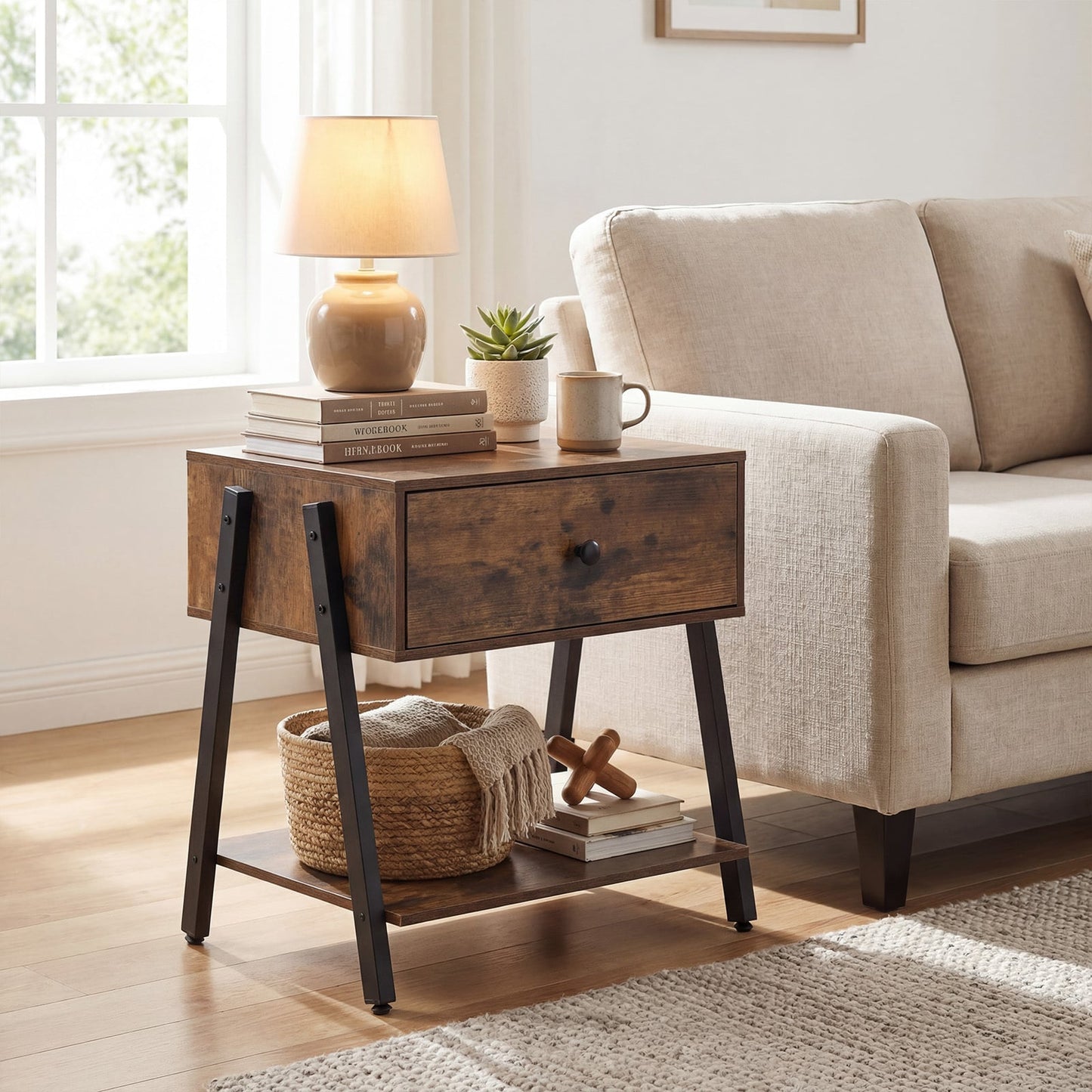 Industrial Nightstand Set of 2 with Drawer and Storage Shelf-Rustic Brown