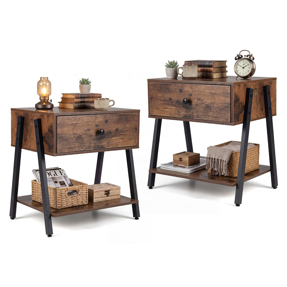 Industrial Nightstand Set of 2 with Drawer and Storage Shelf-Rustic Brown