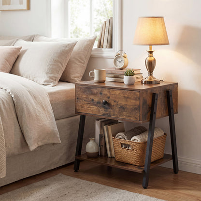 Industrial Nightstand Set of 2 with Drawer and Storage Shelf-Rustic Brown