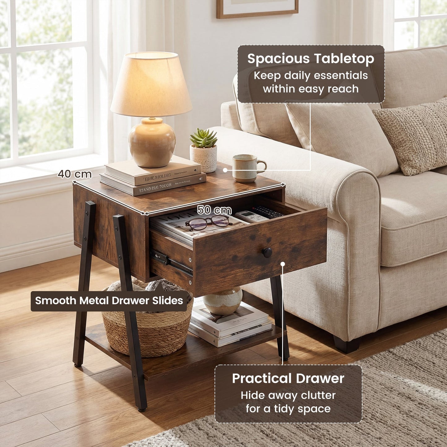 Industrial Nightstand Set of 2 with Drawer and Storage Shelf-Rustic Brown