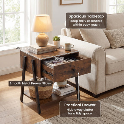 Industrial Nightstand Set of 2 with Drawer and Storage Shelf-Rustic Brown