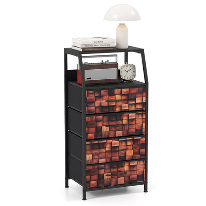 Industrial Nightstand Tall Dresser with 4 Fabric Drawers-Brown