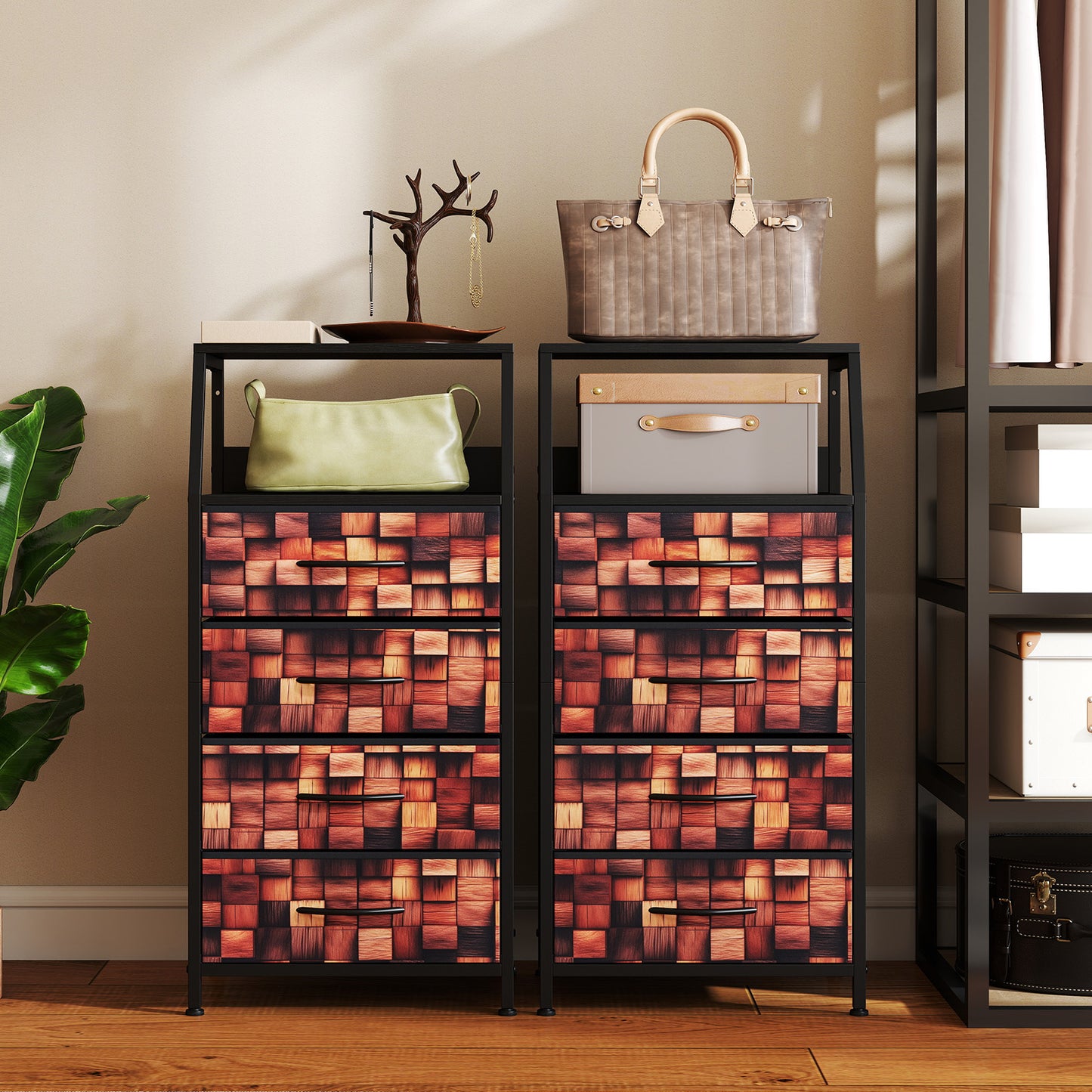 Industrial Nightstand Tall Dresser with 4 Fabric Drawers-Brown