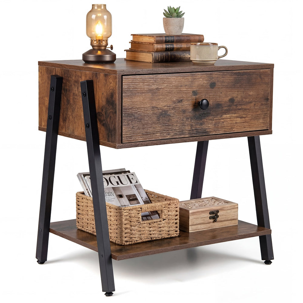 Industrial Nightstand with Drawer and Open Shelf & Adjustable Foot Pads-Rustic Brown