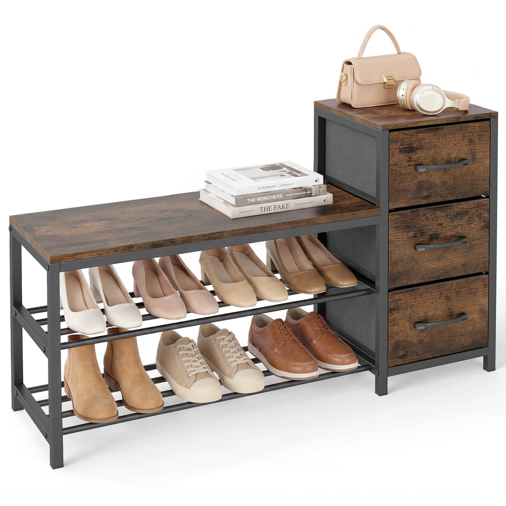Industrial Shoe Bench with 3 Removable Drawers and Anti-Toppling Kits for Entryway-Rustic Brown