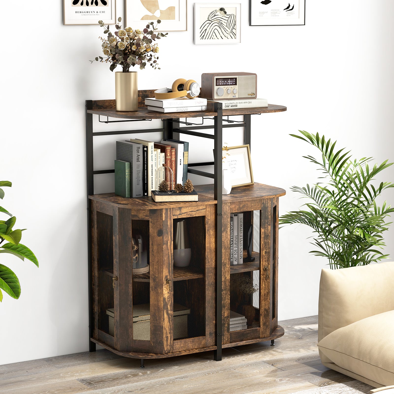 Industrial Corner Bar Wine Cabinet with Metal Mesh Doors and Adjustable Shelf-Brown