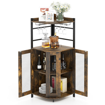 Industrial Corner Bar Wine Cabinet with Metal Mesh Doors and Adjustable Shelf-Brown