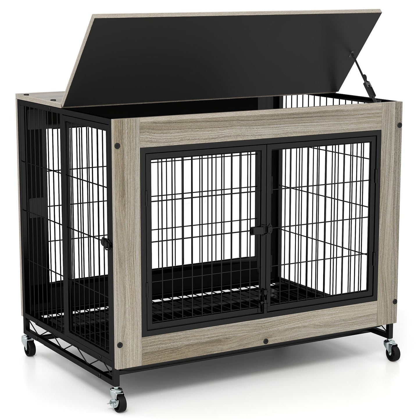 Industrial Dog Kennel with Flip-up Top and 3 Lockable Doors-Grey