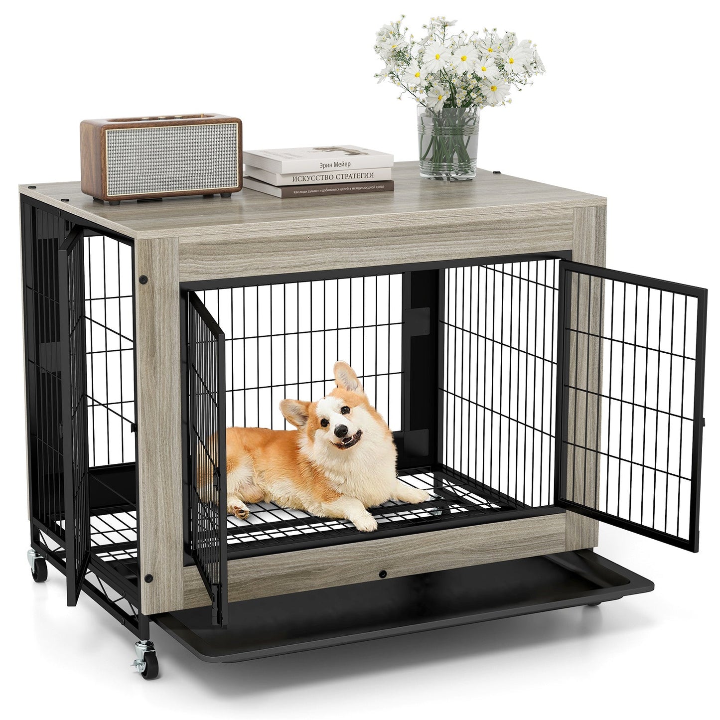 Industrial Dog Kennel with Flip-up Top and 3 Lockable Doors-Grey