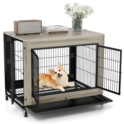 Industrial Dog Kennel with Flip-up Top and 3 Lockable Doors-Grey