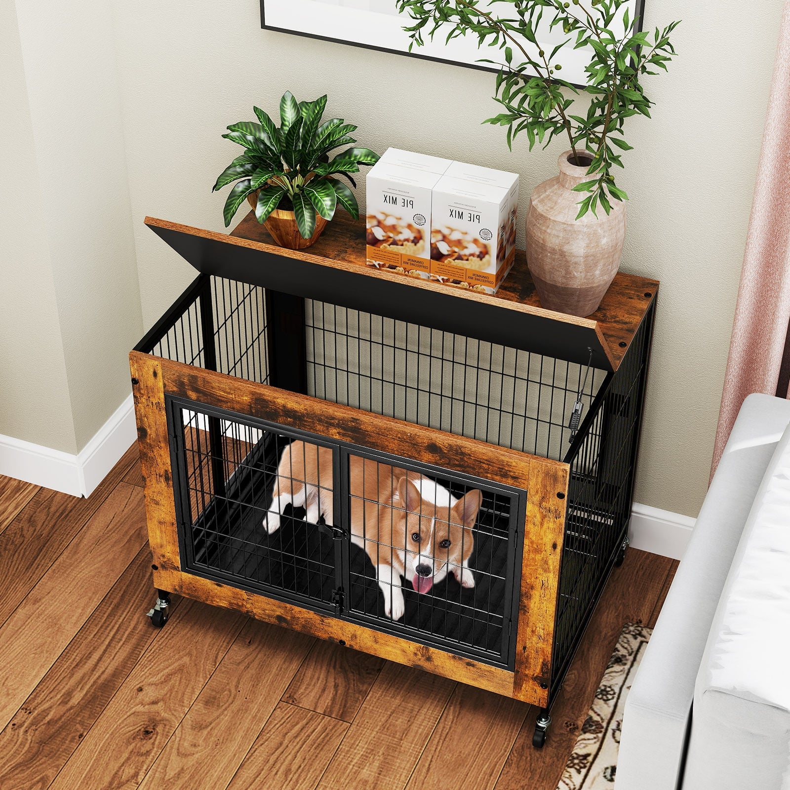 Industrial Dog Kennel with Flip-up Top and 3 Lockable Doors-Rustic Brown