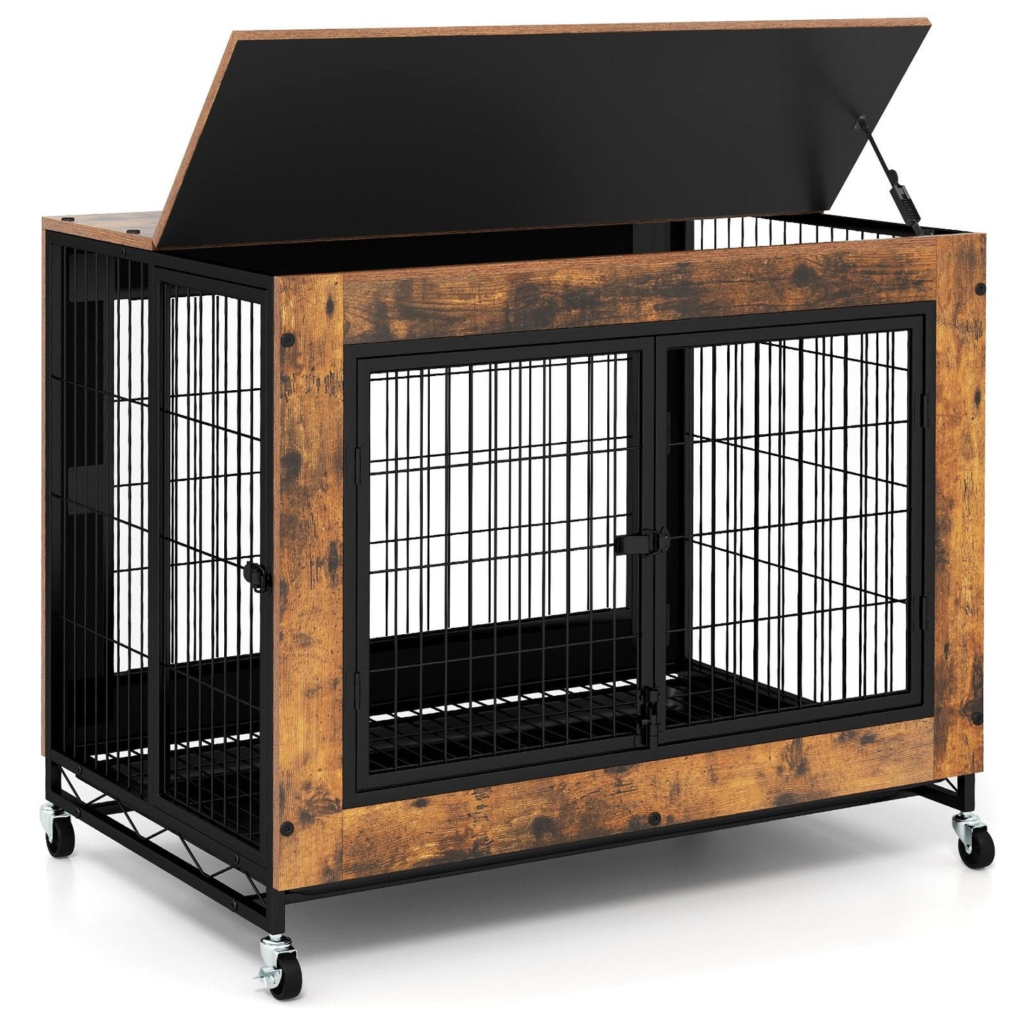 Industrial Dog Kennel with Flip-up Top and 3 Lockable Doors-Rustic Brown