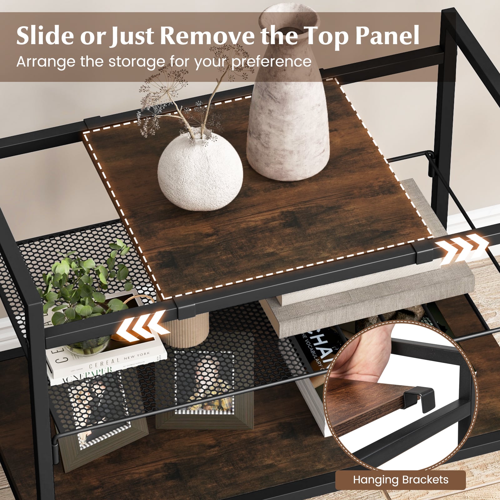 Sofa Side Table with Removable Panel and Mesh Shelf-Rustic Brown