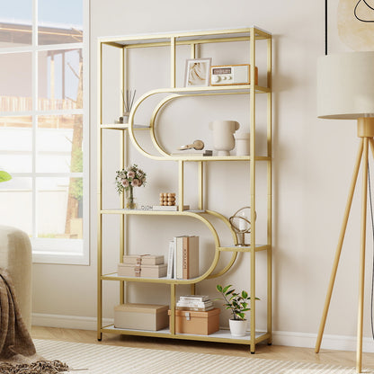 Industrial Etagere Bookcase with Open Storage Shelves and Metal Frame-White & Golden