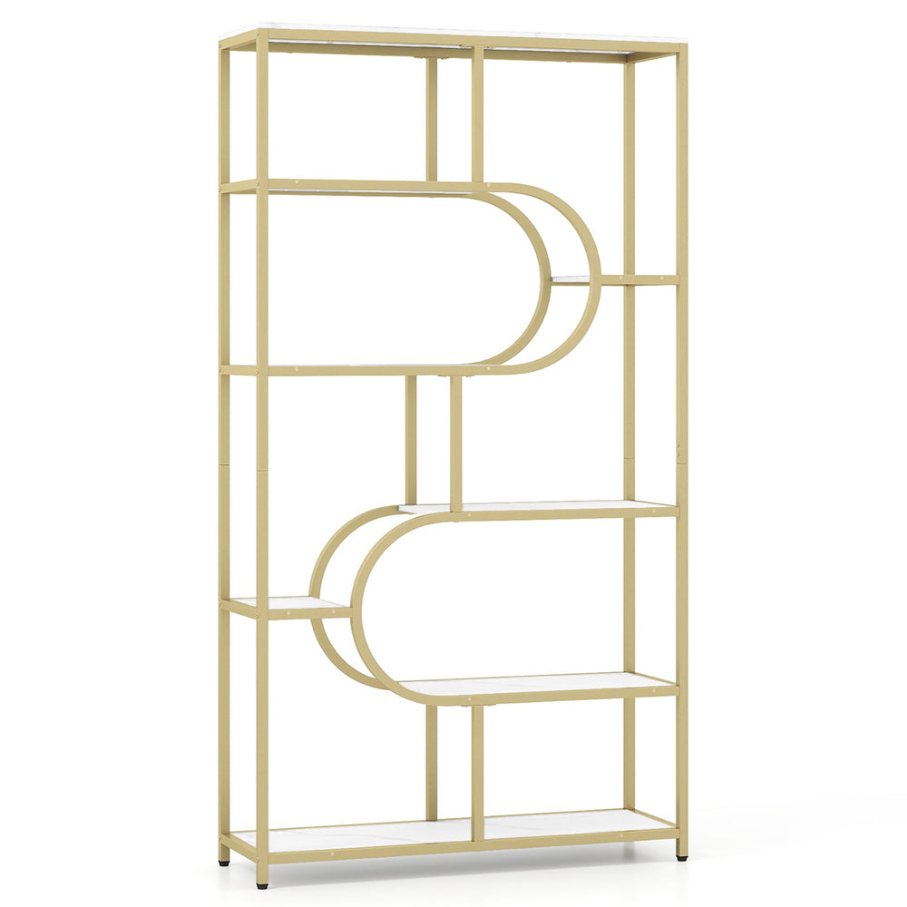 Industrial Etagere Bookcase with Open Storage Shelves and Metal Frame-White & Golden