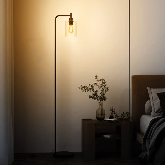 Industrial Floor Lamp with Hanging Glass Lampshade and Foot Switch-Black