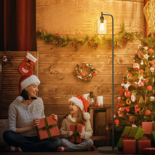 Industrial Floor Lamp with Hanging Glass Lampshade and Foot Switch-Black