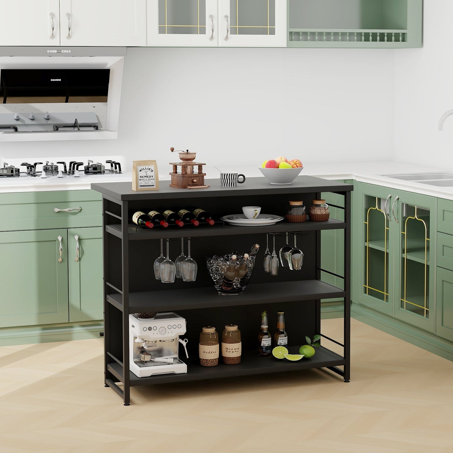 Industrial Home Bar Unit with 3 Open Shelves-Black