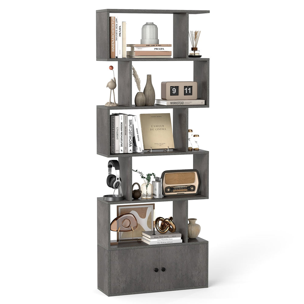 Industrial S-Shaped 5-tier Bookcase with Cabinet-Grey