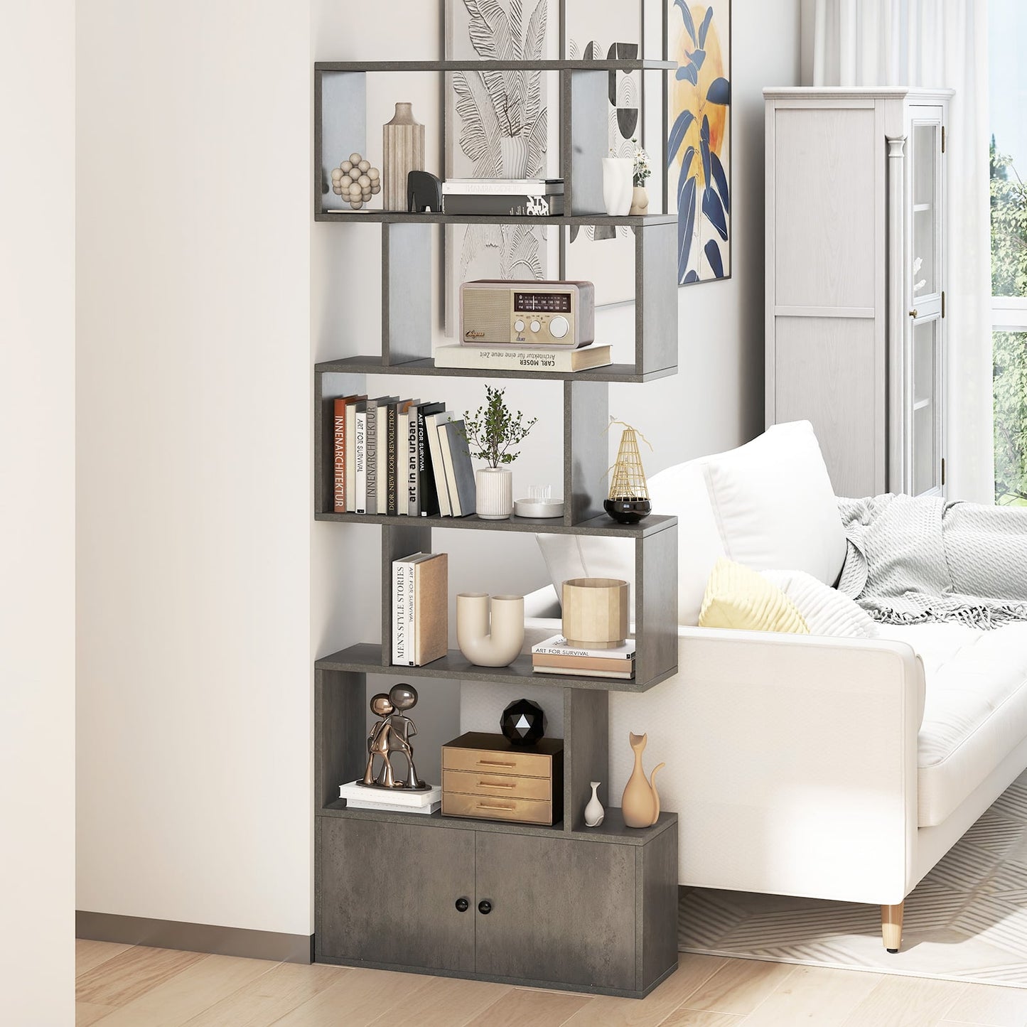 Industrial S-Shaped 5-tier Bookcase with Cabinet-Grey