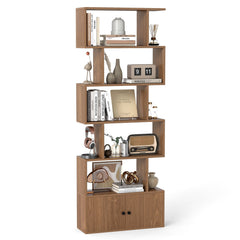 Industrial S-Shaped 5-tier Bookcase with Cabinet-Natural