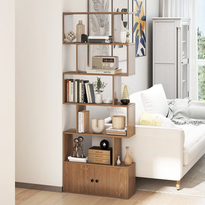 Industrial S-Shaped 5-tier Bookcase with Cabinet-Natural