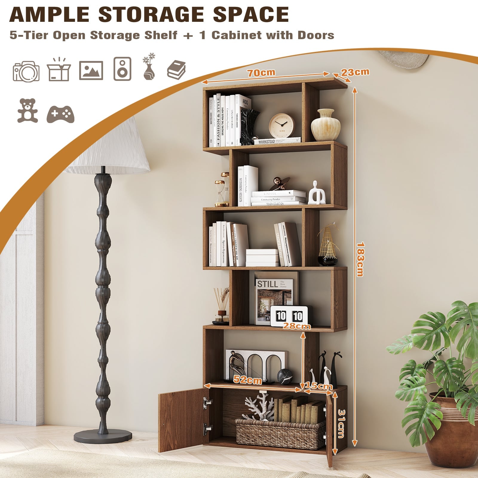 Industrial S-Shaped 5-tier Bookcase with Cabinet-Natural