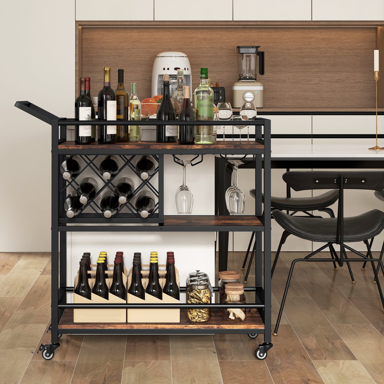 3-Tier Bar Cart Serving Cart w/Wine Racks and Glass Holders-Rustic Brown