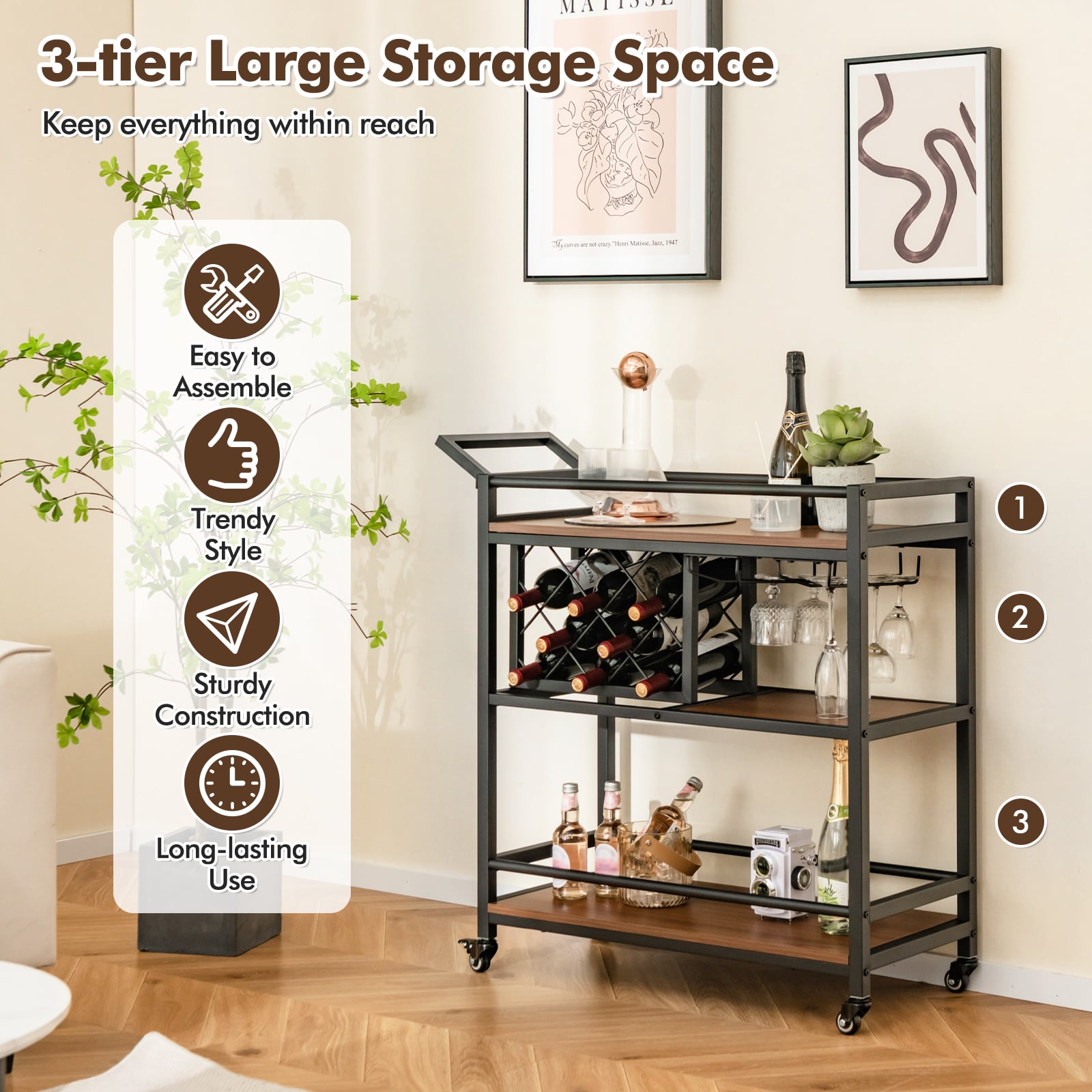 3-Tier Bar Cart Serving Cart w/Wine Racks and Glass Holders-Walnut