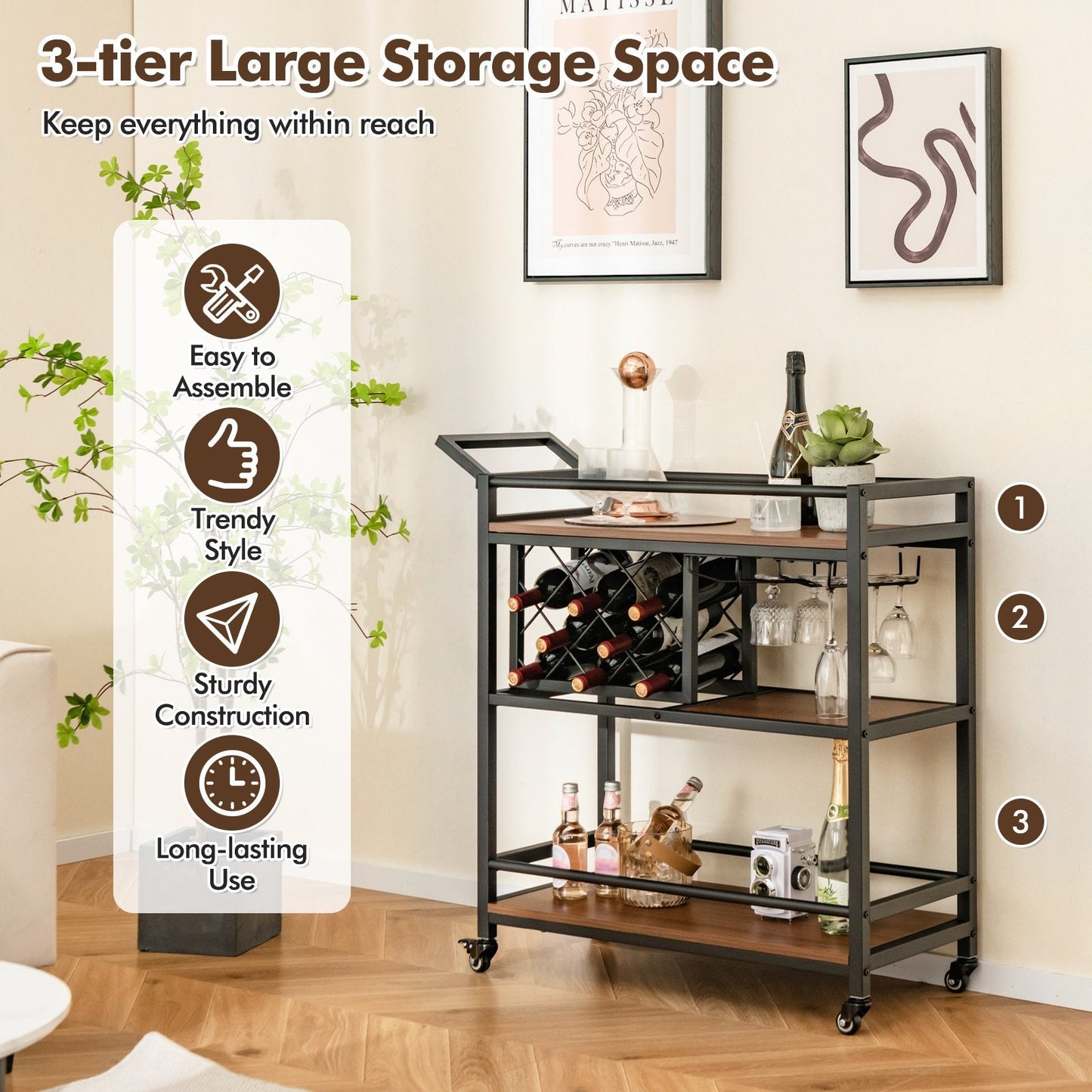 3-Tier Bar Cart Serving Cart w/Wine Racks and Glass Holders-Walnut