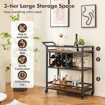 3-Tier Bar Cart Serving Cart w/Wine Racks and Glass Holders-Walnut