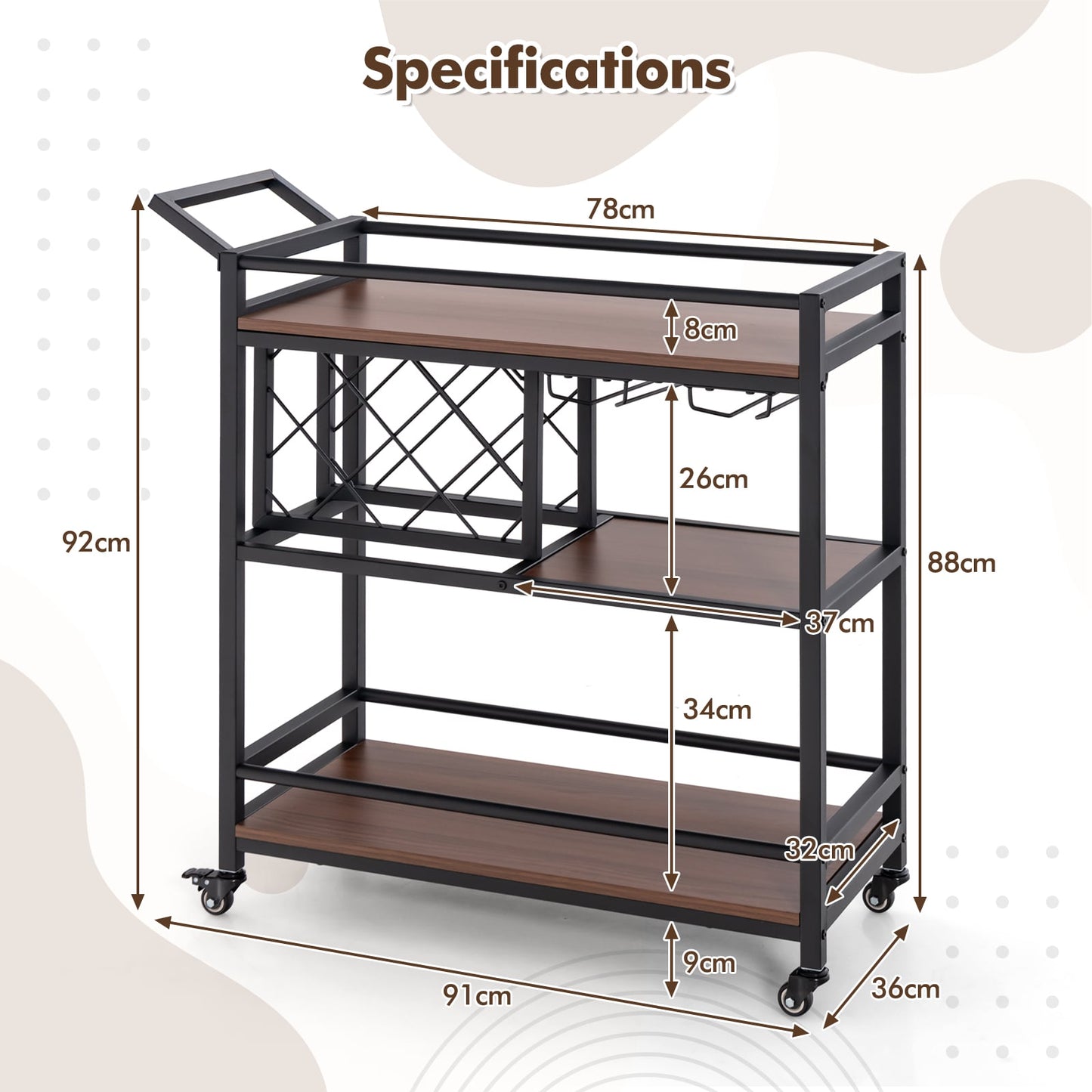 3-Tier Bar Cart Serving Cart w/Wine Racks and Glass Holders-Walnut