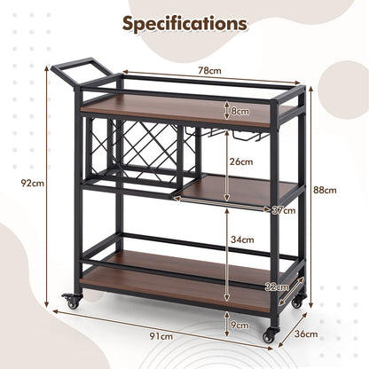 3-Tier Bar Cart Serving Cart w/Wine Racks and Glass Holders-Walnut