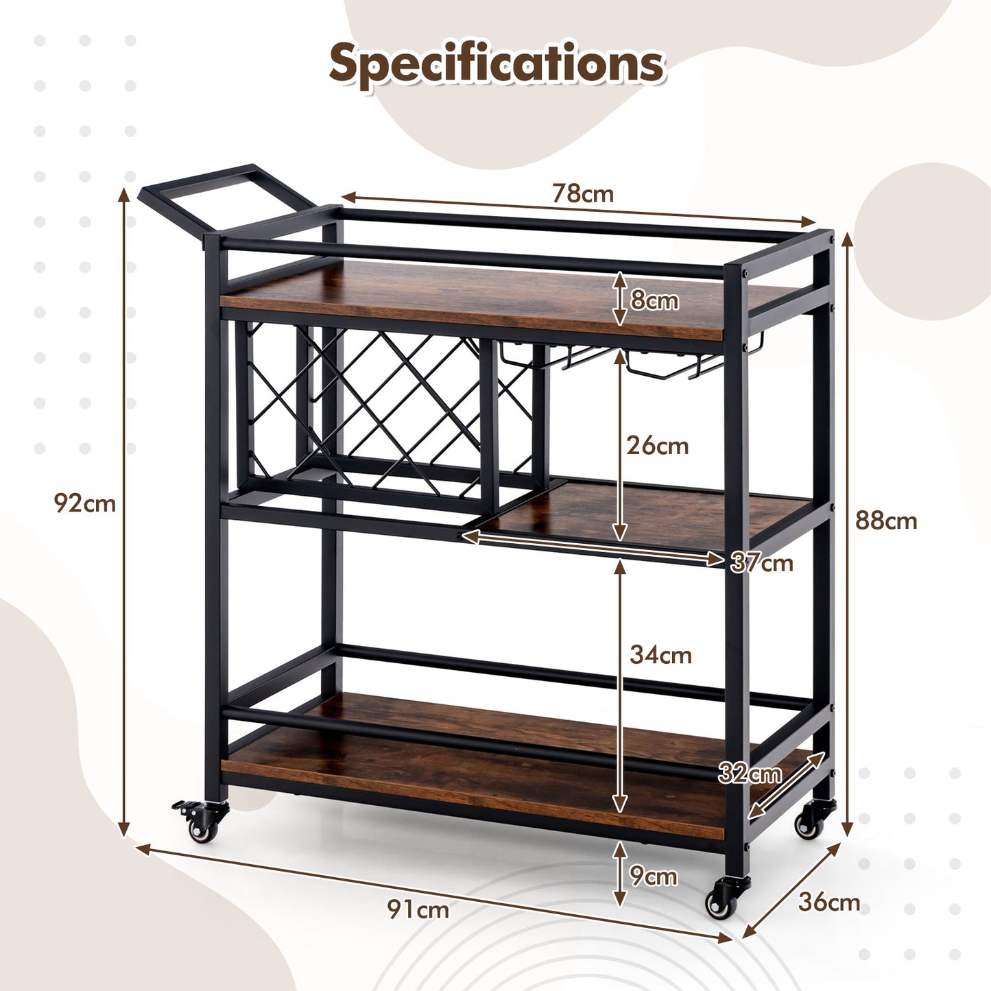 3-Tier Bar Cart Serving Cart w/Wine Racks and Glass Holders-Rustic Brown