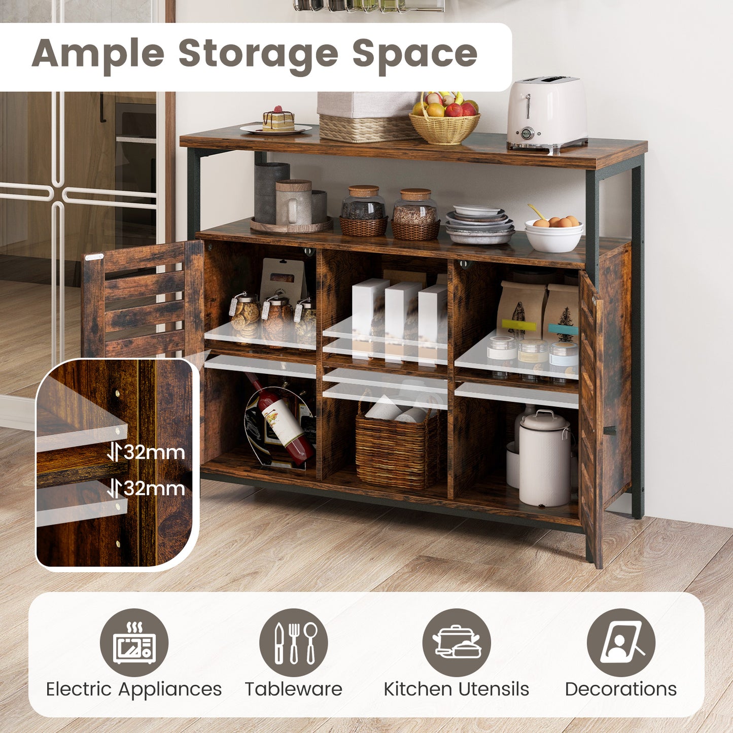 Sideboard Storage Cabinet with Slatted Door and 3 Adjustable Shelves-Rustic Brown