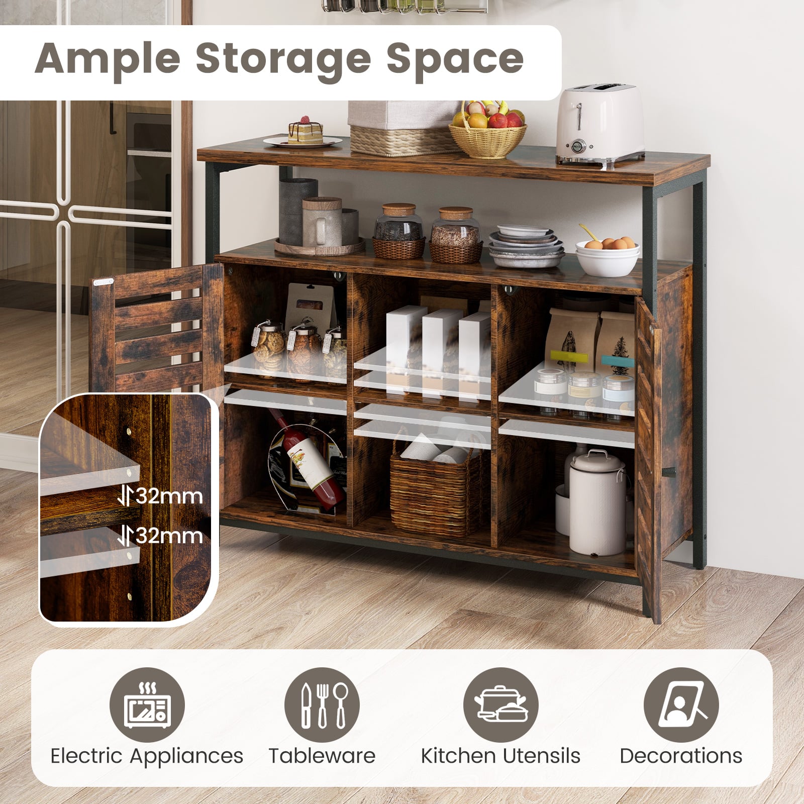 Sideboard Storage Cabinet with Slatted Door and 3 Adjustable Shelves-Rustic Brown