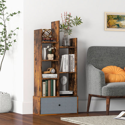 7-Tier Open-Back Bookshelf with Drawer-Rustic Brown