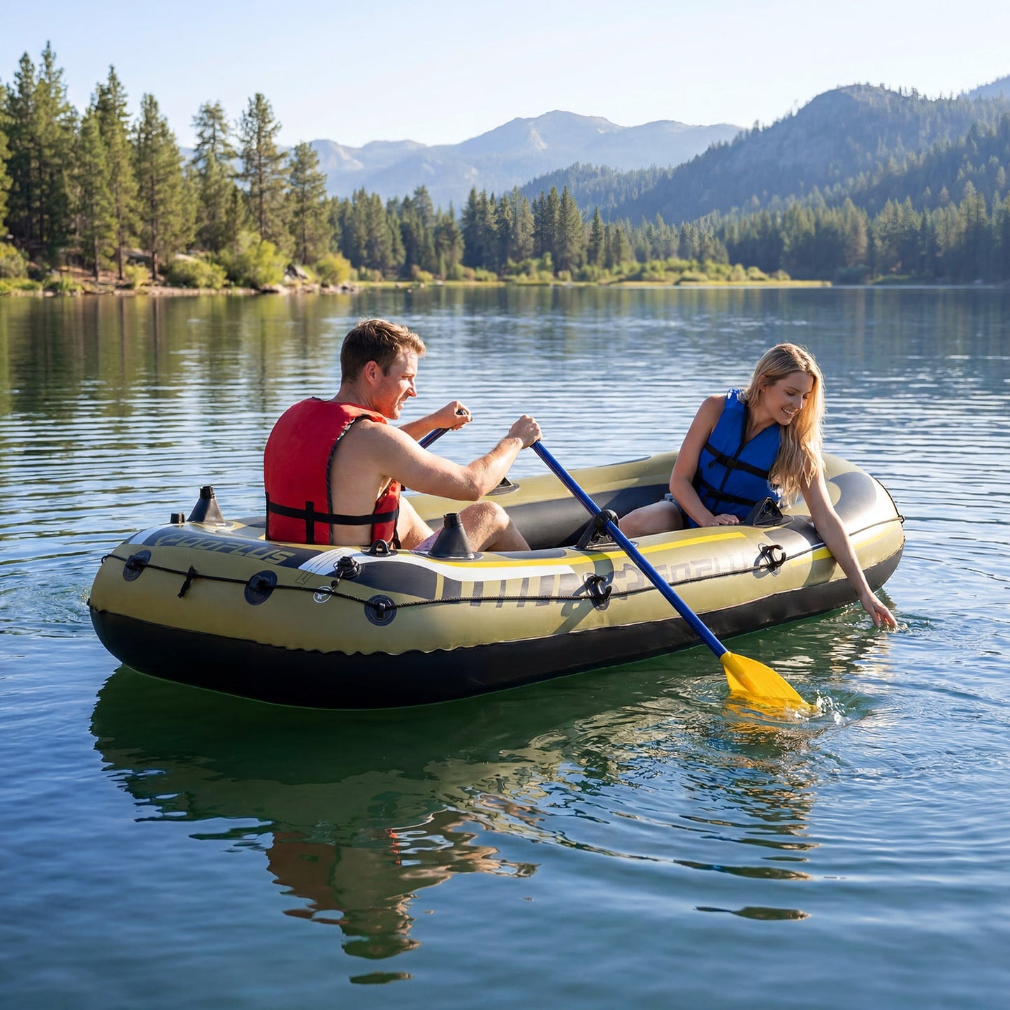 Inflatable 3-Person Fishing Raft with Oars and Pump and Rod Holders for Lake-Green