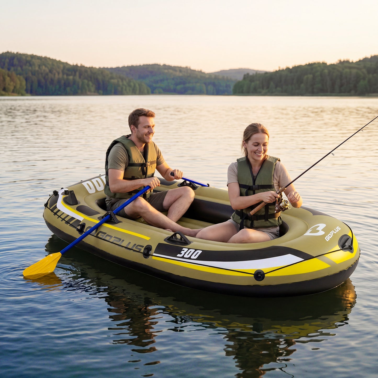Inflatable 3-Person Fishing Raft with Oars and Pump and Rod Holders for Lake-Green