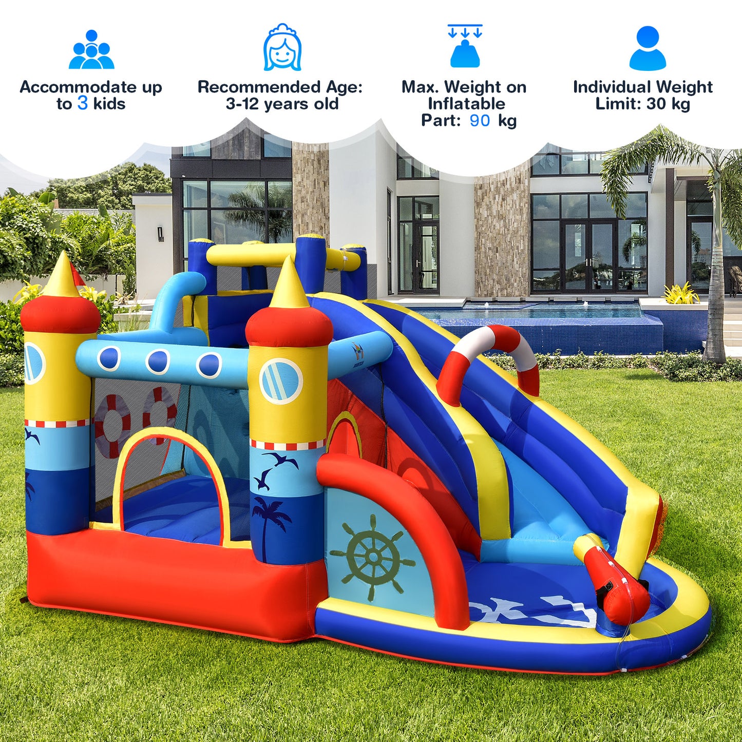 Inflatable Bounce Castle 6-in-1 Water Park with Curved Slide