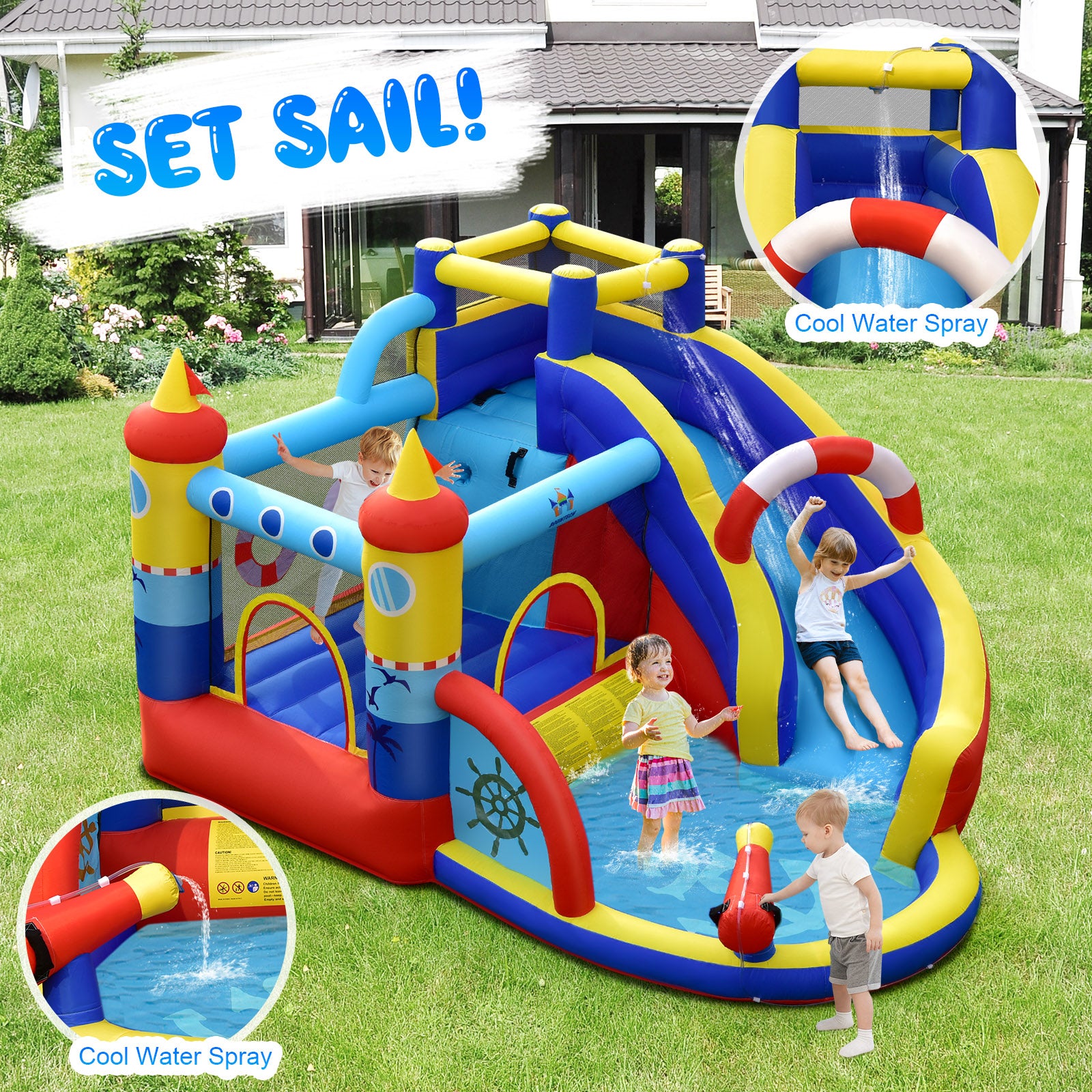 Inflatable Bounce Castle 6-in-1 Water Park with Curved Slide