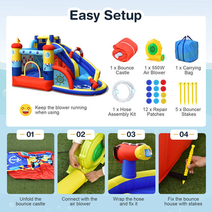 Inflatable Bounce Castle 6-in-1 Water Park with Curved Slide