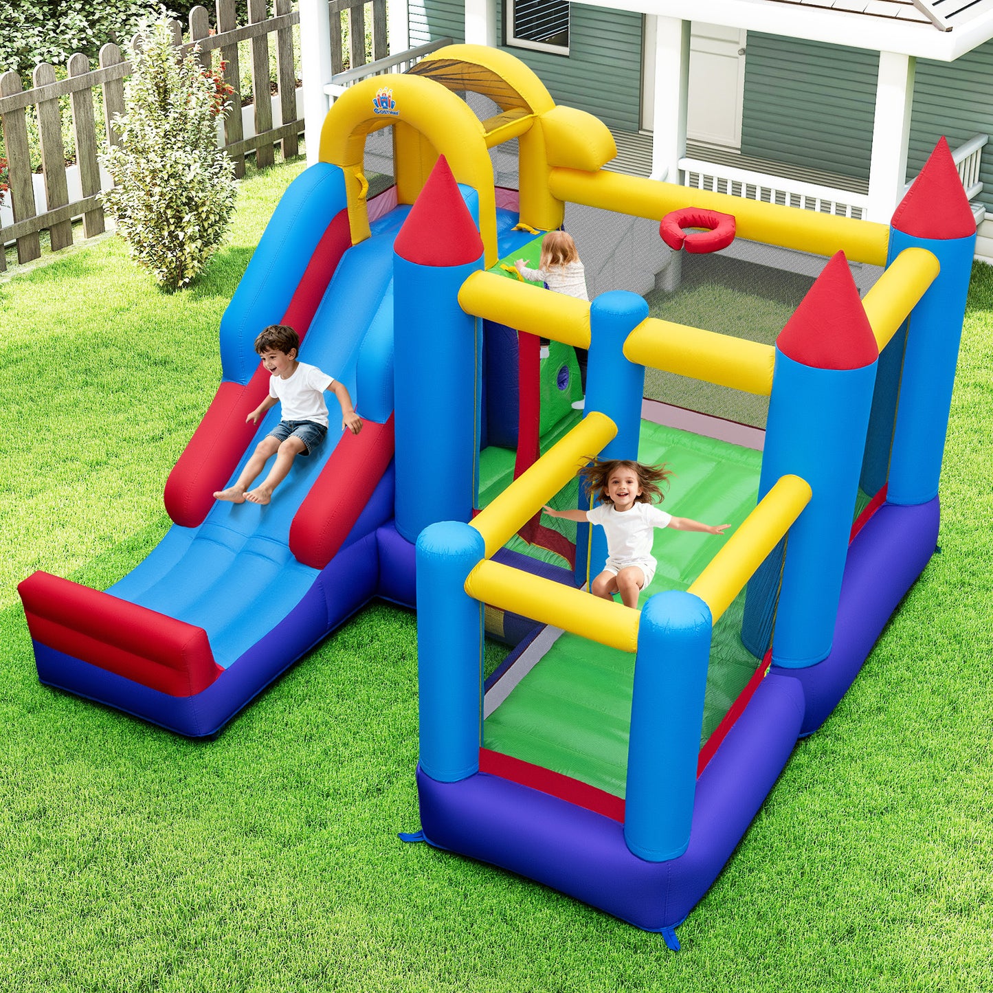 Inflatable Bounce Castle with Climbing Wall and Long Slide Without Blower